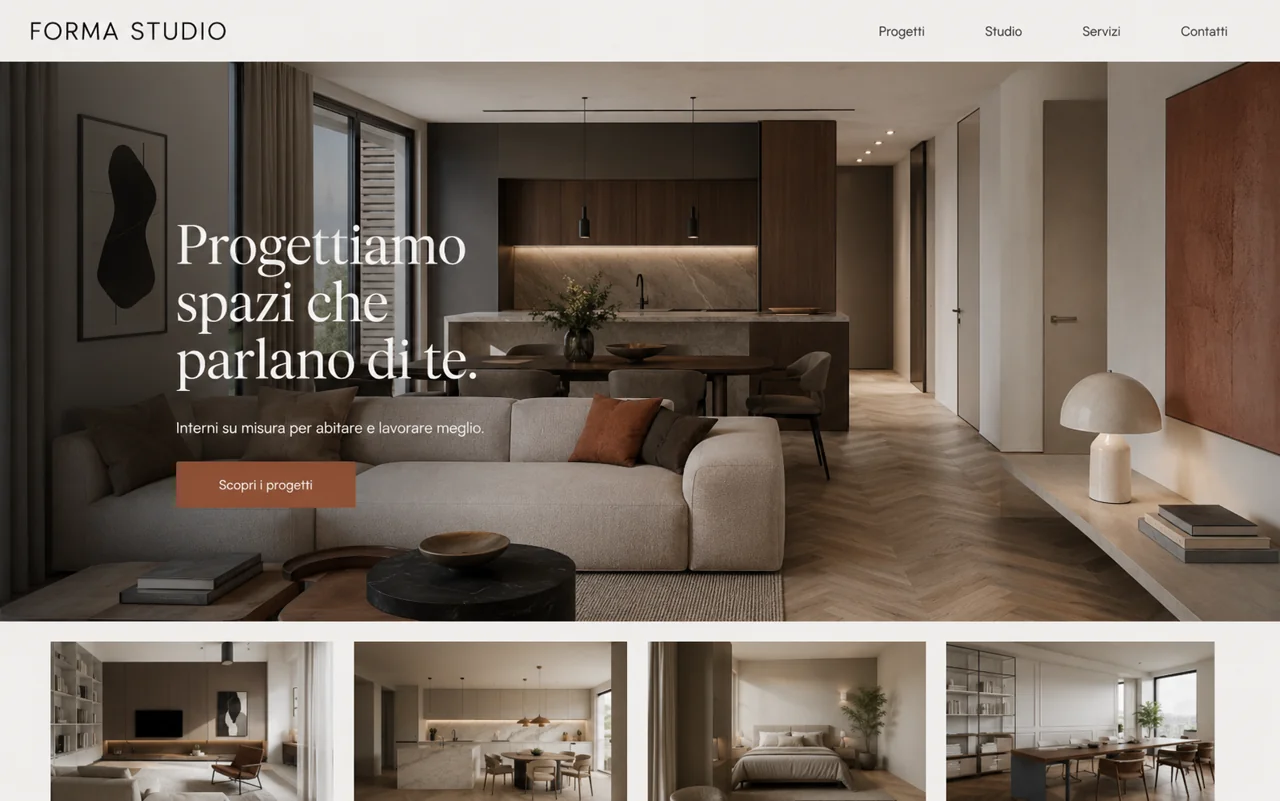 Homepage dimostrativa di Forma Studio, progetto web per uno studio di interior design